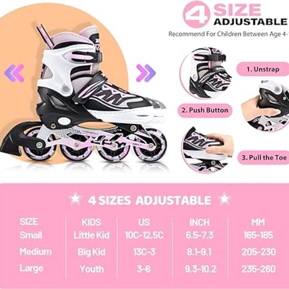 New Adjustable Pink Roller Blades Girls Size L Sizes 3-6 White Black Light Up - Picture 5 of 13